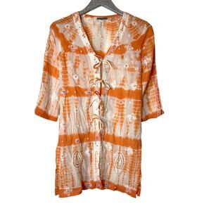 Letarte Orange White Tie Dye Floral Tie Front Cover Up Dress